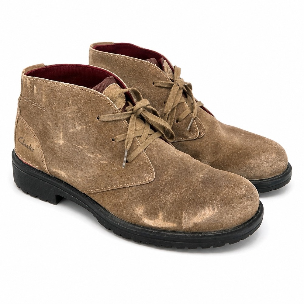 Clarks Men's 11M Brown Suede Chukka Boots Distressed Leather Lug Sole Lace Up